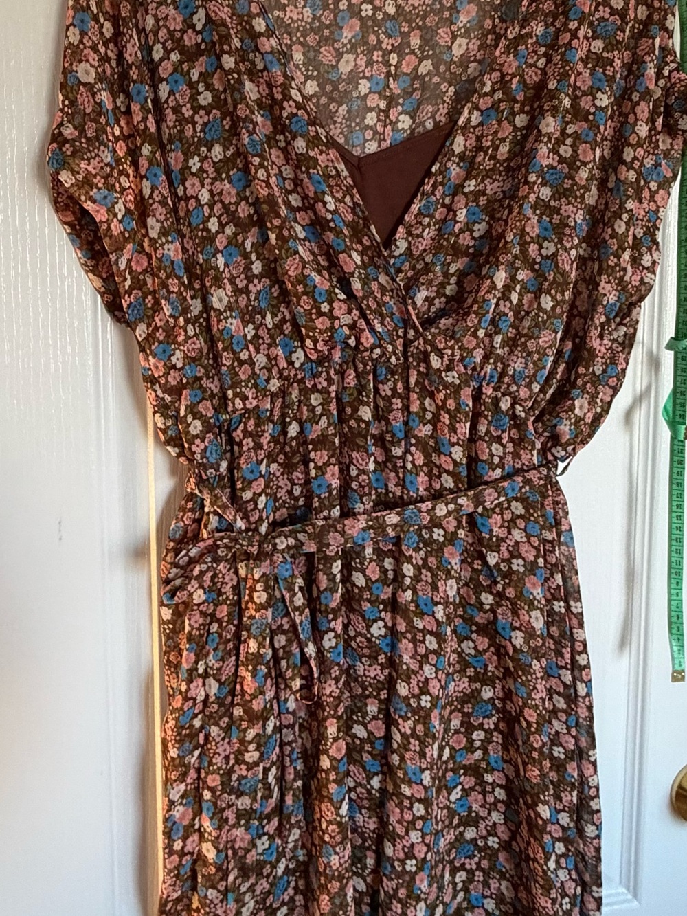 Forever 21 Brown Floral Wrap Dress with Blue & Pink Blooms